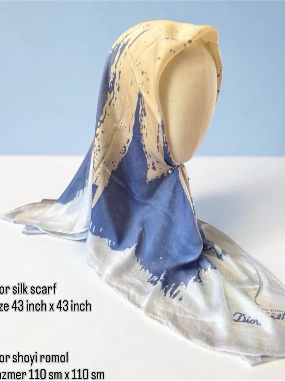 Silk Blend Hijab Scarf in Blue and Cream
